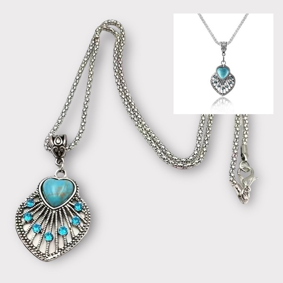 Boho Chic Necklace Southwestern Turquoise Silver Vibe Pendant Chain Gift Pouch - Picture 2 of 16
